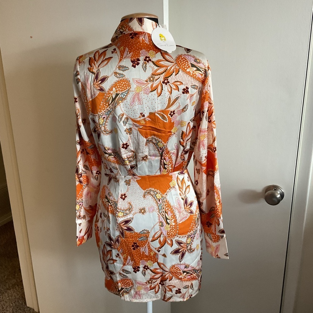 NWT Sweet Lemon Orange Floral Mini Dress Size S – Cute Long Sleeve Spring Party - Picture 6 of 8
